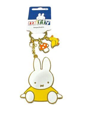 Miffy Enamel Keychain With Yellow Bunny Mushroom & Duck Charms - Gold Accents -